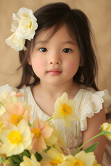 Wall Mural - springtime studio portrait of young Asian girl with flowers