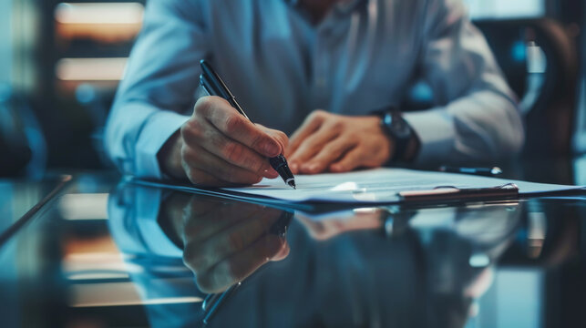 A person is signing a document on a glass table, a close-up shot emphasizing the action of commitment or agreement in a business context.