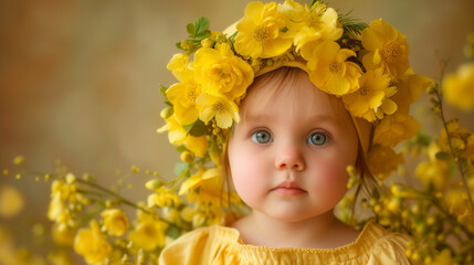 Wall Mural - springtime studio portrait of baby girl with flowers