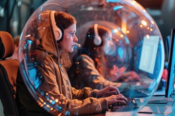 Poster - A woman is shown sitting at a computer wearing headphones, engaged and focused on her work, Computer users inside a fortified, protective bubble, AI Generated