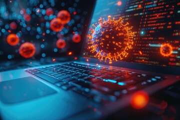 Poster - A detailed view of a laptop computer placed on a desk, Computer virus being stopped by antivirus software, AI Generated