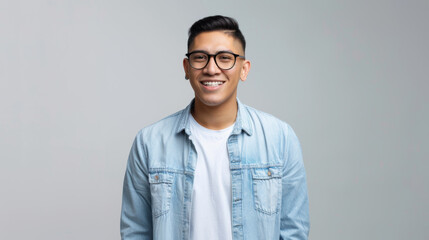 Sticker - smiling man wearing glasses, a light blue denim jacket, and a white shirt, standing against a plain light background.