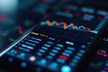 Poster - A detailed shot showcasing a cell phone placed on a table, Close-up shot of a buying/selling stocks application on a smartphone display, AI Generated