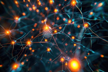 Poster - This photograph shows a detailed close-up view of a cluster of wires, showcasing their intricate arrangement and connections, Cluster of quantum computing nodes with glowing edges, AI Generated
