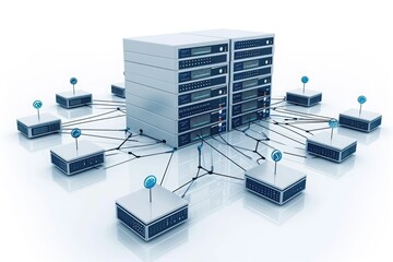 Poster - A cluster of servers connected via network cables, actively processing and storing data in a bustling data center, Computer network diagram with servers and routers, AI Generated