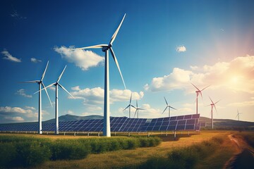  Renewable and Green energy concept with solar panels and wind turbines Industrial landscape background