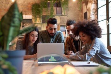 Poster - Group of People Sitting Around a Table Looking at a Laptop, Creative team working together on a laptop in an open-concept office, AI Generated