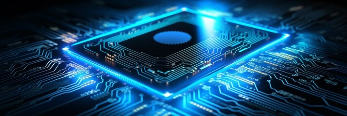 Poster - Advanced Circuit Board Tech - Illuminated circuits with a central processor, representing high-tech computing and data processing