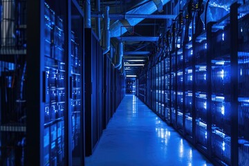Poster - A photo showcasing a series of servers arranged in rows, illuminated by blue lights, in a busy data center environment, Cryptocurrency mining farm, an eerie blue glow, AI Generated