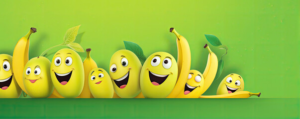 Happy yellow bananas with eyes mouth and diverse expresions.