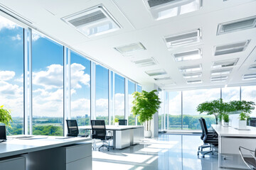 Ceiling-mounted air ventilation system in modern office. Concept corporate sustainability, eco-friendly, comfortable green workplace in socially responsible companies, SRI. Clean working environment