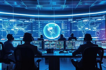Poster - A diverse group of individuals sitting together at a table, engrossed in their work, while facing a row of computer monitors, Cyber security experts in a futuristic command center, AI Generated