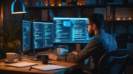 a software developer works on code late into the night, illuminated by the glow of multiple computer
