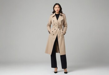 Wall Mural - A young woman posing confidently in a chic trench coat and trousers, embodying modern urban fashion.