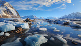 Fototapeta  - Glacier fond, flots s'élèvent. Terres englouties, vies bouleversées. Réchauffement, avertissement.