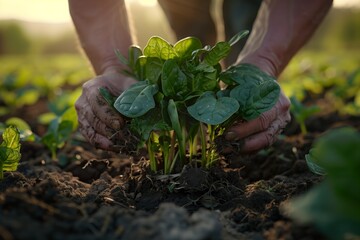 Gardener's hands cultivate tender spinach seedlings in fertile soil as the day ends