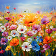 Illustration of summer field of colorful flowers. Nature scene. Landscape. Oil painting texture. As greeting card, wall art, wallpaper, background, print.