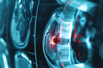 Poster - A detailed shot capturing a machine up close, showcasing a prominent red light, Detailed visual of MRI results showing a torn ACL, AI Generated