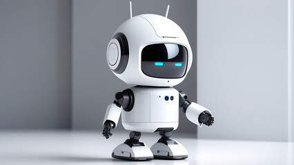 Cute white robot on white, light background with free space for text , nanotechnoogy, progress in 21st century. Modern toy of robot
