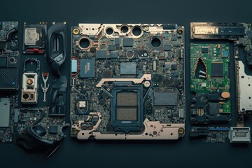 Poster - This photo showcases the intricate layout of a laptop motherboard, revealing its multiple components and their interconnectedness, Dissected view of a gaming console, AI Generated