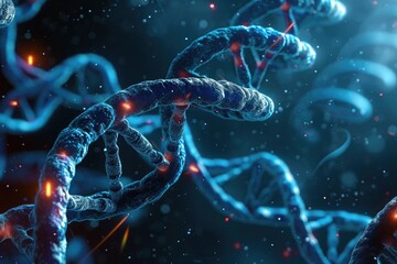 Poster - A detailed photo showing a close up of a cell phone with numerous strands of blue and red, Dna editing with CRISPR technology, AI Generated