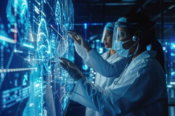 Poster - Two women in white lab coats are focused on their work as they collaborate on a large screen, Doctors analyzing data on a holographic interface, AI Generated