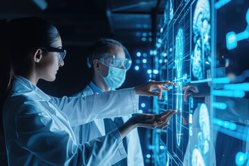 Poster - Two individuals dressed in white lab coats are carefully examining a screen, Doctors analyzing data on a holographic interface, AI Generated