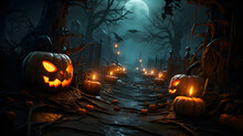 halloween pumpkins in dark lit up surroundings with candles