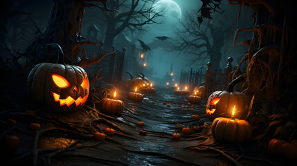 Wall Mural - halloween pumpkins in dark lit up surroundings with candles