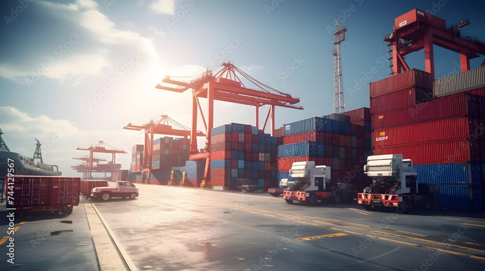 A massive container cargo freight ship being loaded and unloaded by ...