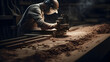 A milling machine whirs to life as it skillfully carves into a wooden plank, while in the background, a shadowy figure stealthily attempts to steal the processed wood.