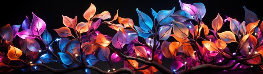 Wall Mural - Background banner of a branch with leaves painted in shades of blue, purple and orange, on a dark background.