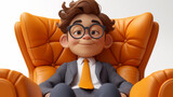 Fototapeta Koty - 3d cartoon character in a business suit sitting in a chair. Generative AI