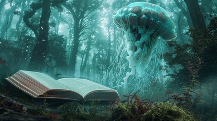 Poster - A book, lost in the forest, finds a new home among the ethereal jellyfish in the underwater reef