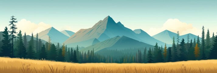 Calm mountain range and pine forest in flat design