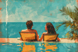 Fototapeta Tęcza - A young couple, a man and a woman, are sitting by the pool, talking and sunbathing. In the style of vintage postcards from the 70s and 80s