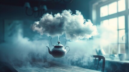Poster - A cozy indoor scene is illuminated by a warm light filtering through the window, as a teapot gently releases a swirling cloud of fragrant smoke