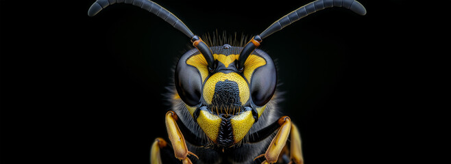 Wall Mural - close-up portrait of a wasp on black background
