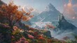 A breathtaking autumn landscape of foggy mountains, towering trees, and a cloudy sky, captured in a stunning painting that evokes a sense of serenity and wonder for the beauty of nature