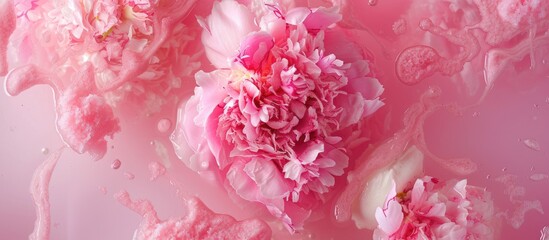 Poster - Close-up photo of vibrant pink peony flowers against a pink background, creating a visually striking contrast. The flowers appear frozen in an ice cream-like setting, adding a touch of whimsy to the