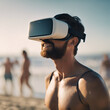 Freunde mit VR-Brille am Strand