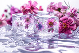 Fototapeta Tęcza - Ice cubes with pink flowers inside and near in clear cold water.