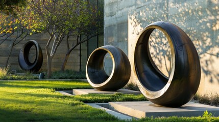 Poster - A vibrant sculpture of intertwined circles, nestled in a lush outdoor landscape surrounded by playful elements like tires and trees, evokes a sense of whimsy and connection in a park setting