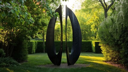 Poster - A towering tree embraces a majestic sculpture in the serene outdoor oasis of a park, blending art and nature into a harmonious garden