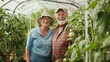 © ChaoticMind - Amidst a lush greenhouse, a smiling man and woman proudly stand, surrounded by vibrant plants and bountiful produce, their faces radiating joy and appreciation for the natural foods they have grown t
