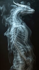 Poster - A skeleton dragon is in the smoke. Generative AI.