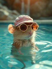 Poster - A mouse wearing sunglasses and a hat in a pool. Generative AI.