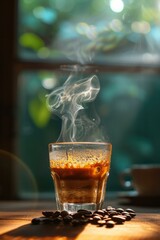 Canvas Print - Coffee beans and steam in a glass of coffee on a wooden table. Generative AI.