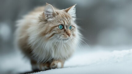 Wall Mural - A fluffy cat with blue eyes walking in the snow. Generative AI.