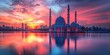 Ramadan Sunset Serenity over a Cityscape - Tranquil Hues and Reflection - Warm Evening Glow - Capturing the peaceful beauty as the sun sets during Ramadan